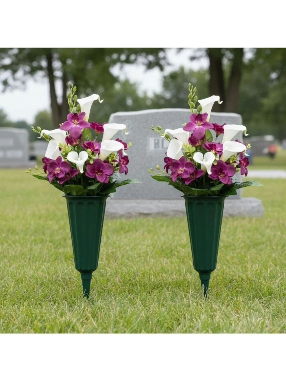 Green Cemetery Vase With Spike Set Of 2 Grave Flower Holder Memorial Vase Ground